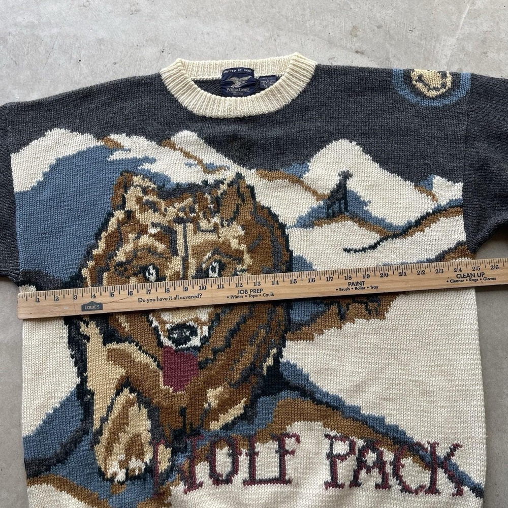 Vintage Willis & Geiger HandKnit Sweater Wool Wolf Animal AOP Coastal Mens L - Picture 4 of 8